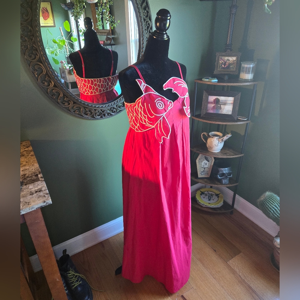 Red Maxi Dress with Fish Design